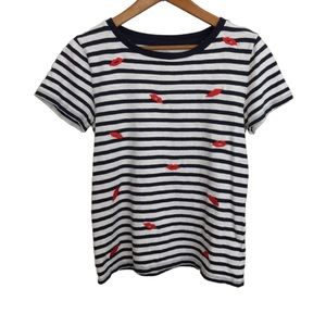 J. CREW Women’s sz Small T Shirt Striped Red Lips Short Sleeve Top Cute Blue Red